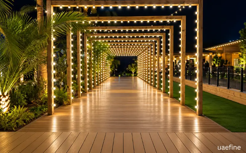 Nighttime wooden walkway illuminated by warm decorative lights.